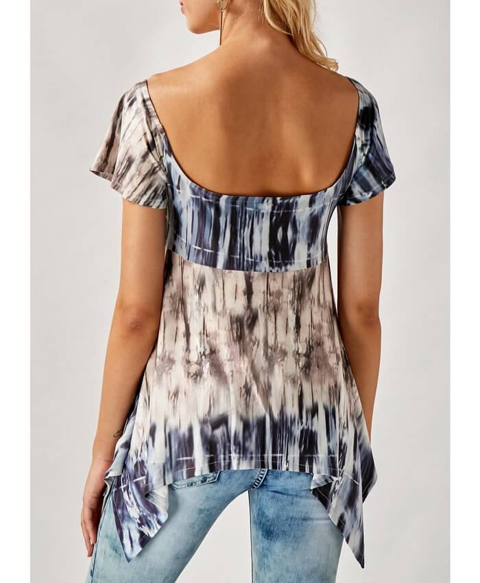 Asymmetric Hem Square Collar Printed Blouse